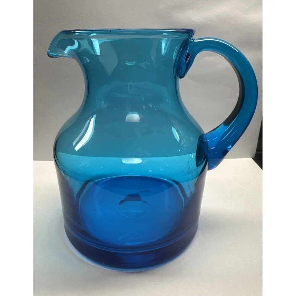 Blenko Vintage Handblown Art Glass Pitcher in Aqua Blue 5.5